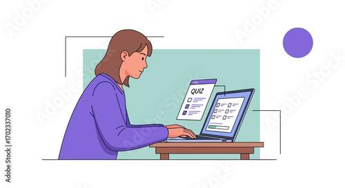 Woman Taking Online Quiz Via Laptop, Demonstrating Internet-Based Learning and Assessment