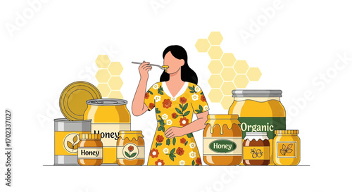 Woman Tasting Honey Surrounded by Jars of Organic Honey with Unique Designs