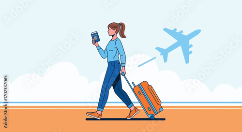 Woman Traveling with a Suitcase and Passport Preparing for Flight Travel on a Airplane