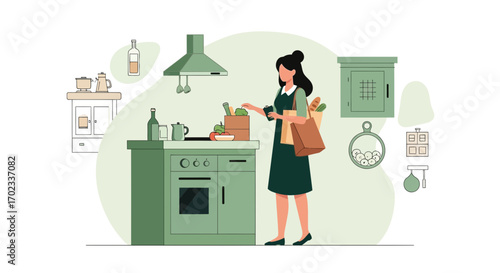 Woman unpacking groceries in kitchen illustration, cooking and healthy food concept