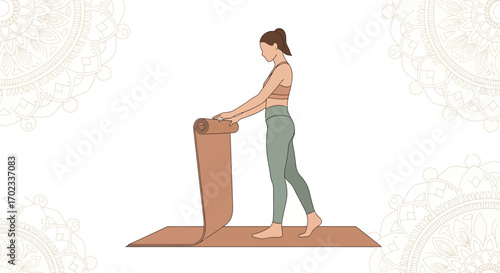 Woman Unfurling Yoga Mat Before Practice on Beige Background Minimalist Illustration