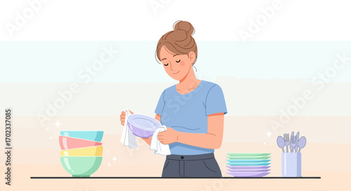 Woman Carefully Cleaning Dishes, Illustrating Simple Household Tasks and Daily Living