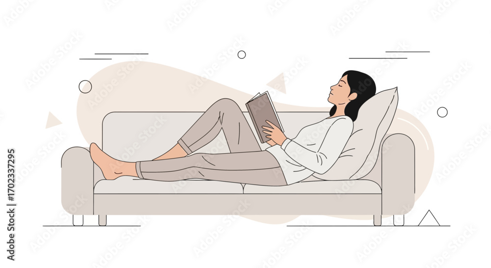 Obraz premium Woman Comfortably Reclines on a Couch While Reading a Book for Relaxation