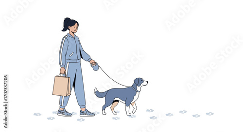Woman Walking Dog Outside With Shopping Bag Simple Clean Vector Illustration