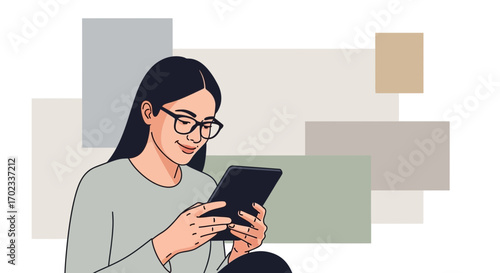 Woman using tablet vector illustration of a minimalist style and flat design
