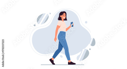 Woman Walking While Holding Water Bottle Against Decorative Pastel Background