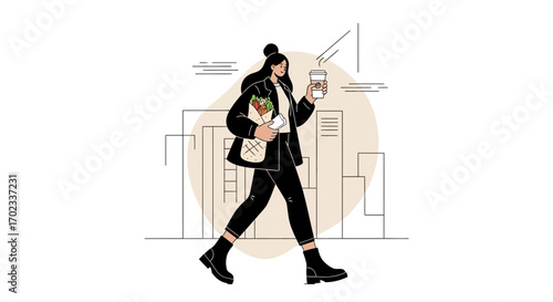 Woman walking with coffee and food in a modern city downtown illustration vector