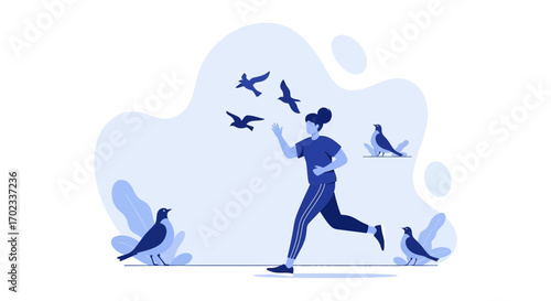 Woman Chasing Birds Against A Minimalist Background Outdoors Concept Illustration