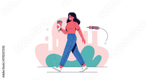 Woman walking with a snack smiling, food and leisure illustration in flat style