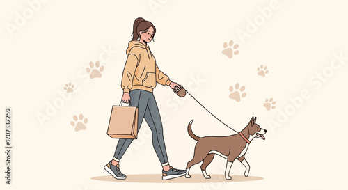 Woman Walks Brown Dog Holding Shopping Bag on Neutral Background Paw Prints