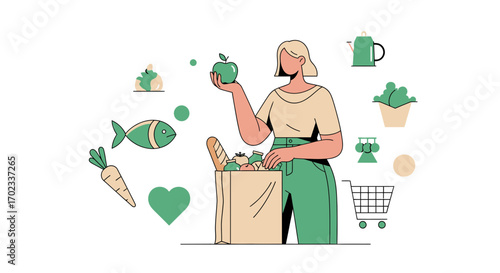Woman Choosing Fresh Produce from Shopping Bag, Featuring Healthy Eating Habits
