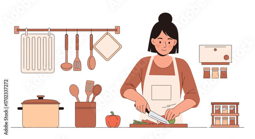 Woman Chopping Vegetables in Kitchen, Preparing a Culinary Creation with Fresh Ingredients