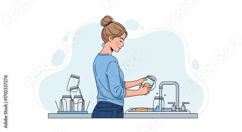 Woman washing jars at the kitchen sink illustration, everyday life activity