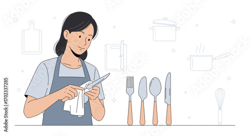 Woman Cleaning Knife After Cooking With Kitchen Utensils Illustration
