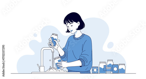 Woman Washing Jars Depicting Daily Life and Household Chores Cartoon Illustration