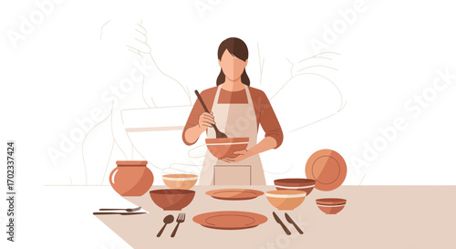 Woman cooking in a kitchen with bowls and dishes, vector illustration and digital art