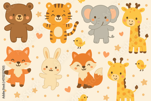 Cute cartoon animals pattern with cheerful expressions on a light background for kids