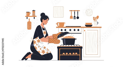 Woman cooking in kitchen opening the oven with food illustration isolated on white background