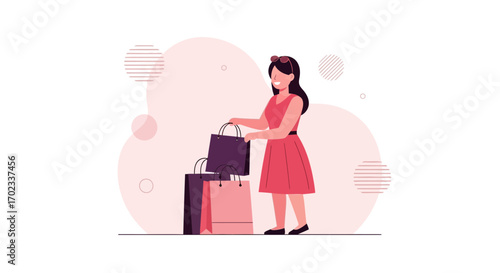 Woman With Shopping Bags, Vector Illustration, Flat Style Design, Abstract Background