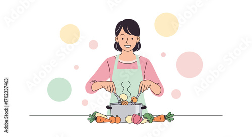 Woman Cooking In Kitchen, Preparing Healthy, Colorful, Steaming Food For Delicious Meal