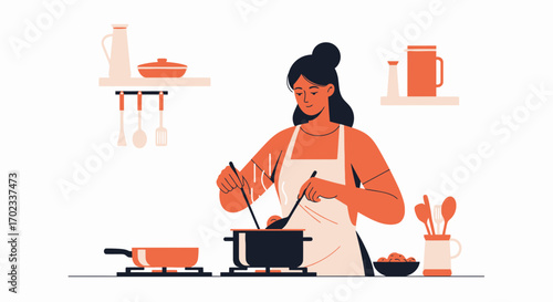 Woman Cooking In Modern Kitchen, Preparing Delicious Food, Using Utensils And Cookware