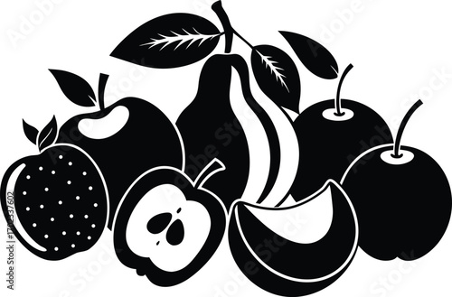 Black and White Silhouette of Assorted Fruits apples