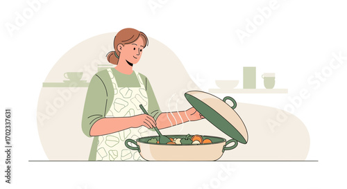 Woman Cooking Vegetables in a Pot in Kitchen, Healthy Food Concept, Illustration