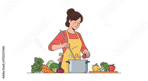Woman cooking vegetables in the kitchen making a healthy meal with fresh ingredients
