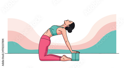 Yoga pose illustration of a woman in ustrasana camel pose with a block on the floor