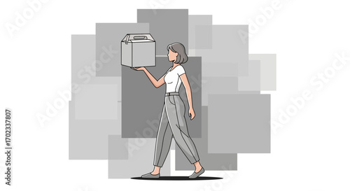 Woman Delivers Package Against A Backdrop of Ascending Gray Geometric Shapes Presentation