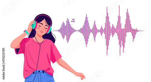Woman Delighted While Listening Music, Capturing The Essence Of Sound Waves