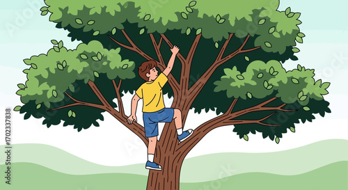 Young Adrenalin Seeker Climbing Up A Tree To Reach For The Fresh Green Leaves Today
