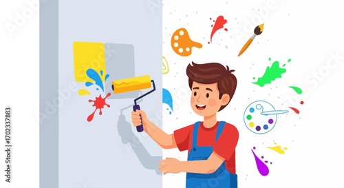 Young artist painting a wall with a roller, creative painting and art concept illustration