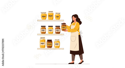 Woman Displaying Honey Jars In A Pantry, Organic Product Selection For Sale