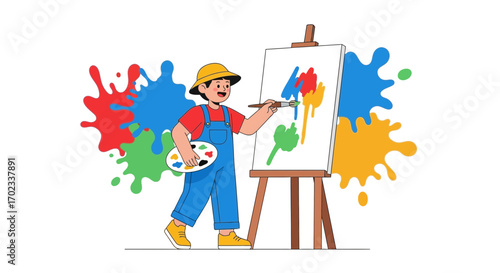 Young artist painting a colorful artwork on a canvas using paint and brush at studio