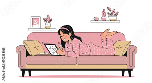Woman Drawing Digitally in Cozy Room, Relaxing and Enjoying Comfortable Time