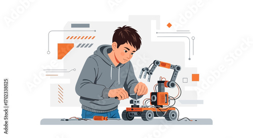 Young Boy Assembling Robotic Robot Arm For Education And Future Technology