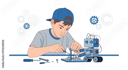 Young boy building a robot, concept of education, technology, and making