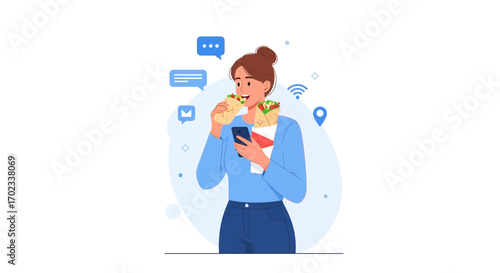 Woman Eating Delicious Food and Interacting with Technology in Conceptual Illustration