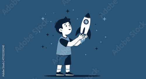 Young Boy Holding a Rocket, Aiming for Future Endeavors and Exploring Outer Space