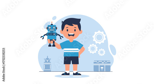 Young boy holding a robot toy representing childhood, technology, and innovation