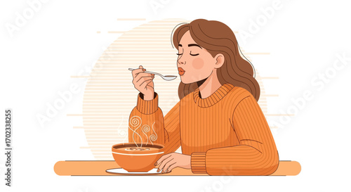 Woman enjoying a bowl of soup, eating with a spoon vector illustration