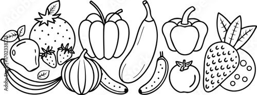 Horizontal Line Art Border of Fruits and Vegetables Keywords: fruit, vegetable, strawberry, bell
