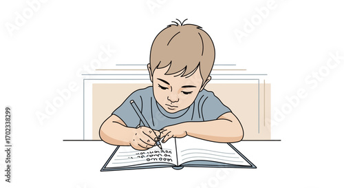 Young Boy Focused on His Schoolwork with Pen in Hand, Sketch Style Illustration