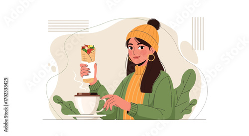 Woman Enjoying a Wrap and Coffee Depicted in a Minimalist and Appealing Illustration