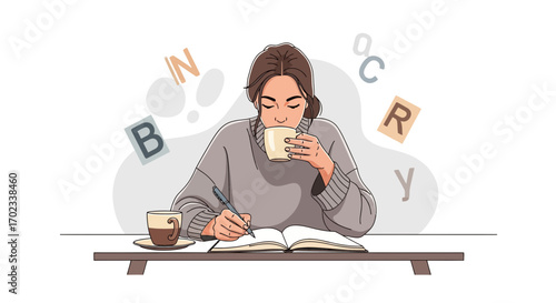 Woman Enjoying Coffee While Writing In Journal, Expressing Thoughts And Ideas