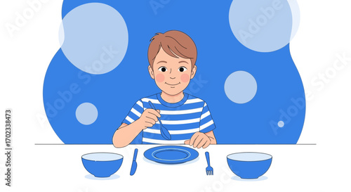 Young Boy Prepared For Meal At The Table With Plate And Cutlery Illustration