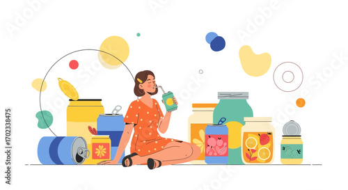 Woman enjoying drink surrounded by canned goods beverages and food with colorful design