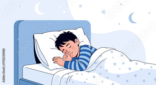 Young Boy Soundly Sleeping Under Blanket with Stars Dreamy and Serene Composition