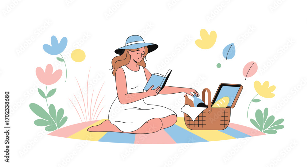 Fototapeta premium Woman enjoying picnic with food and drink while reading book in the park during summer